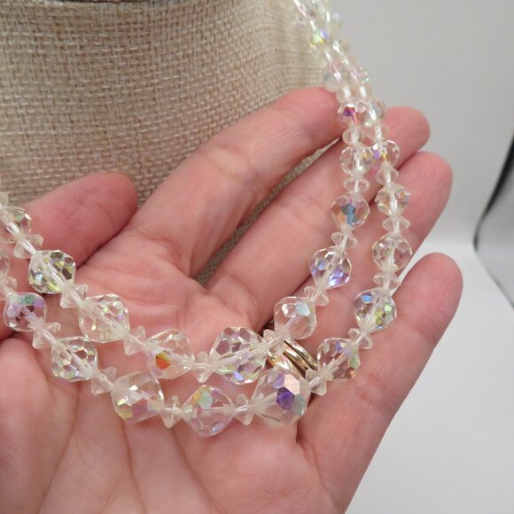 Vintage Aurora Borealis AB Faceted Crystal Double Strand Choker Style Necklace - Picture 5 of 13